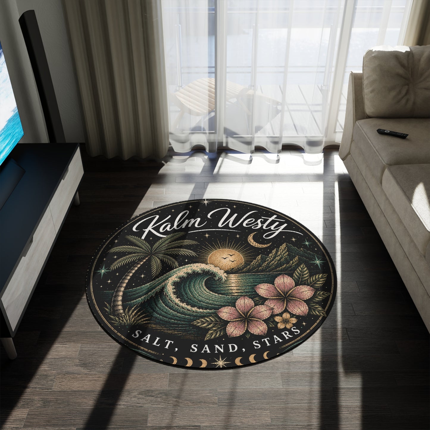 Kalm Westy Round Rug – Tropical Beach Waves Sunset Decor (Salt, Sand, Stars)