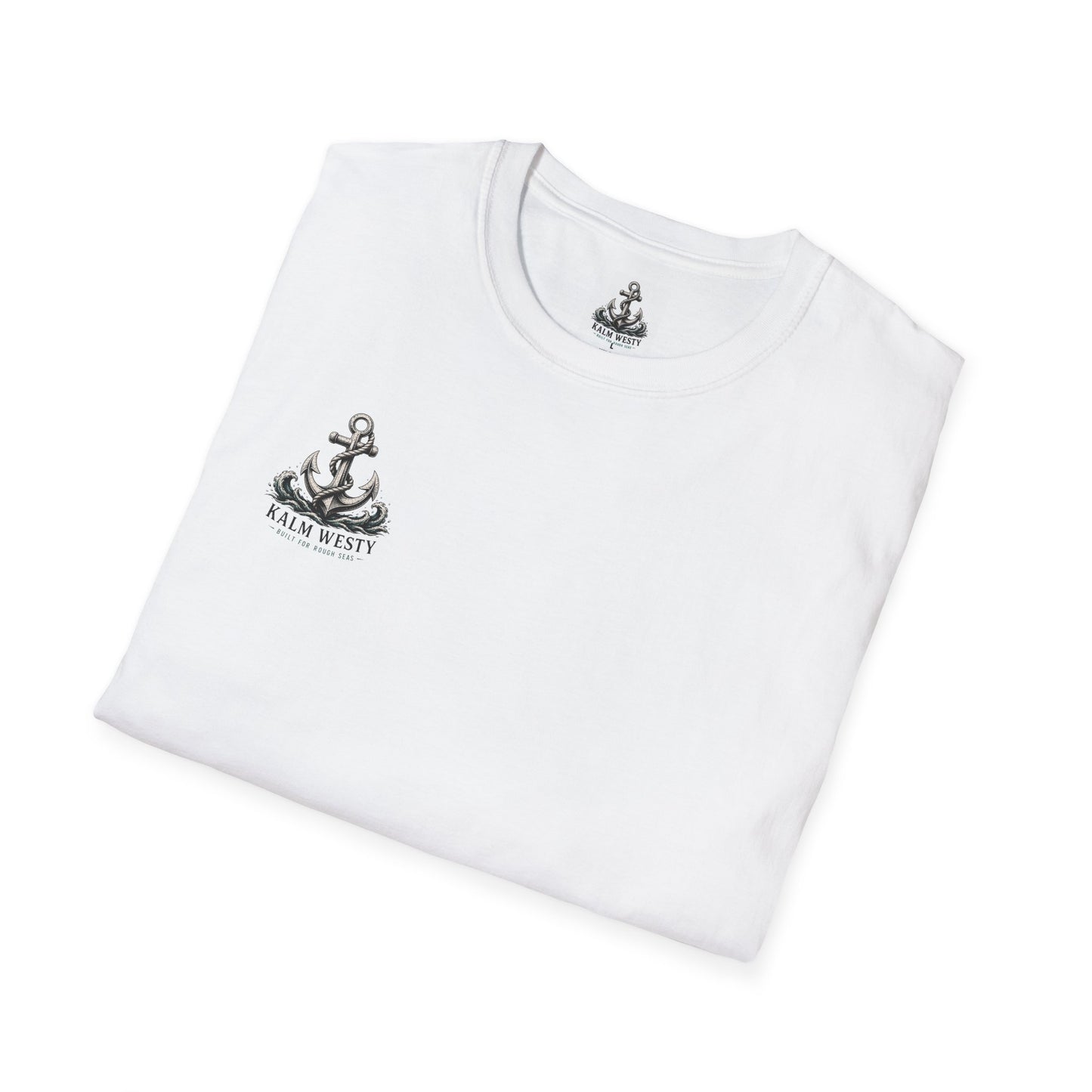 Folded white nautical graphic tee with a small black anchor chest logo and Kalm Westy branding on a white background.