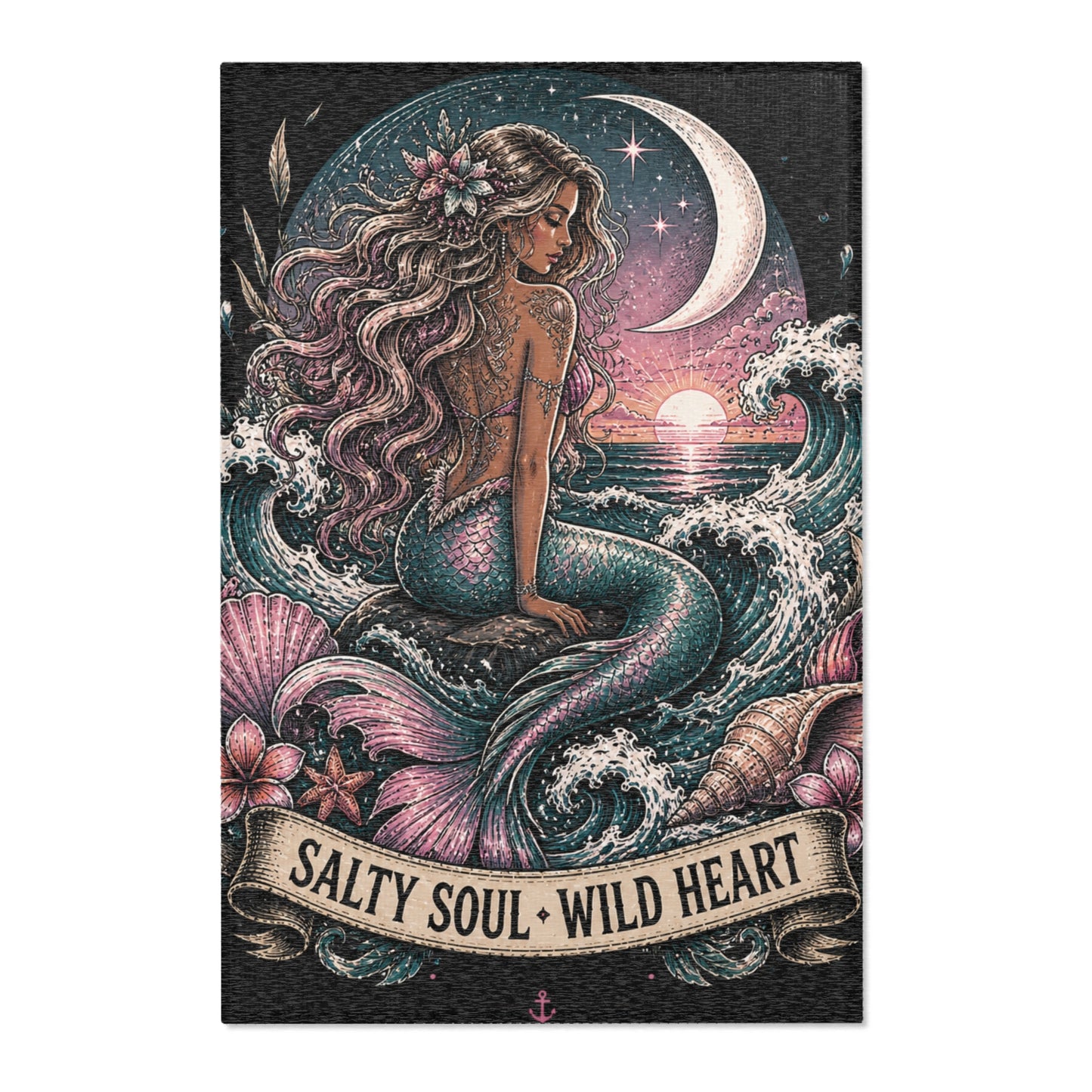 Mermaid Area Rug — "Salty Soul • Wild Heart" Nautical Boho Floor Mat