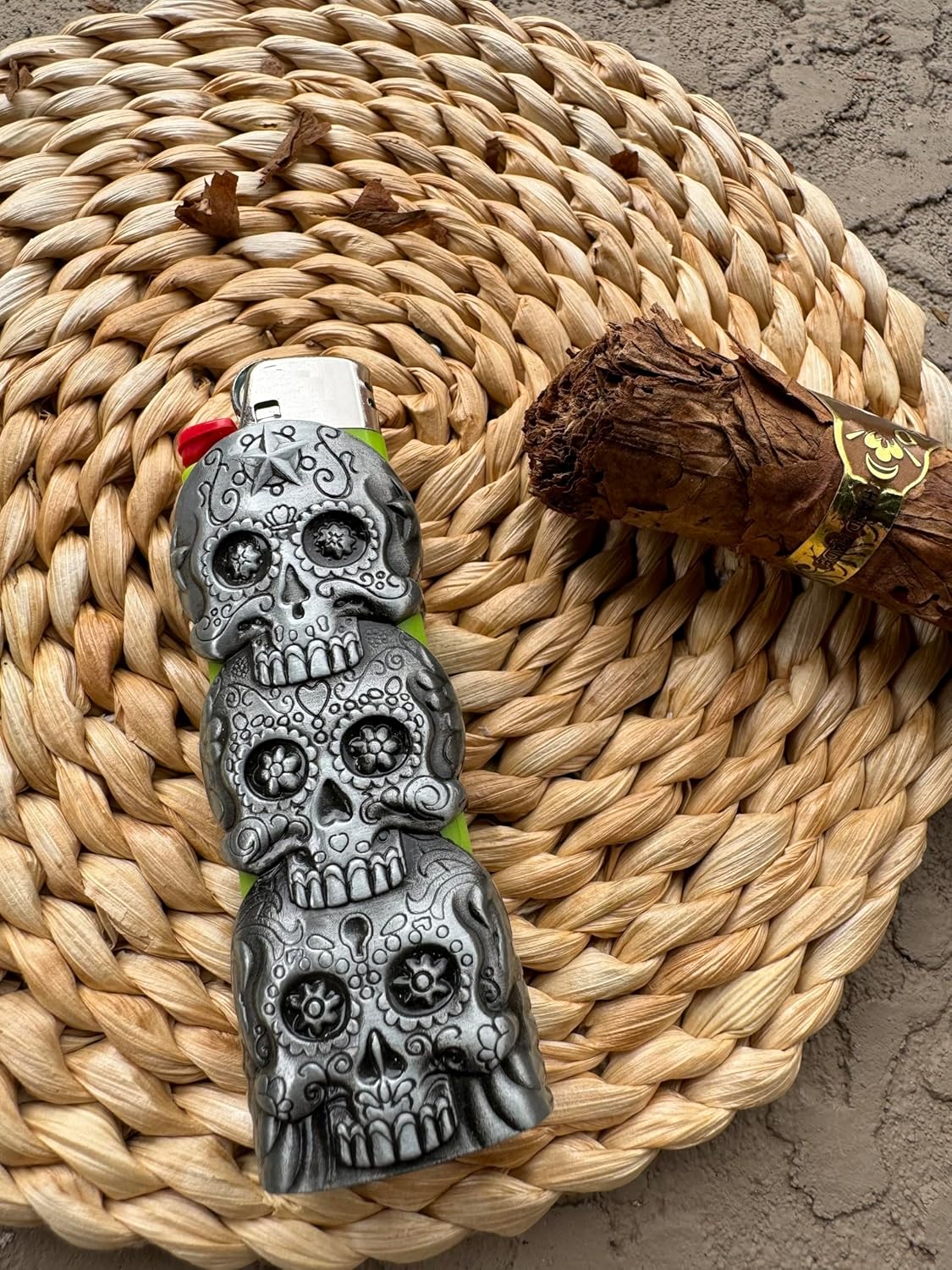 Three Skull Face Skeleton Metal Lighter Case Cover Holder fits BIC Full Standard Size Lighter J6