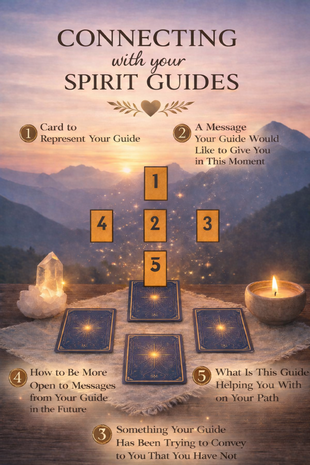 Printable Spirit Guide Tarot Spread guide showing a 5-card layout diagram over a spiritual sunset mountain background.