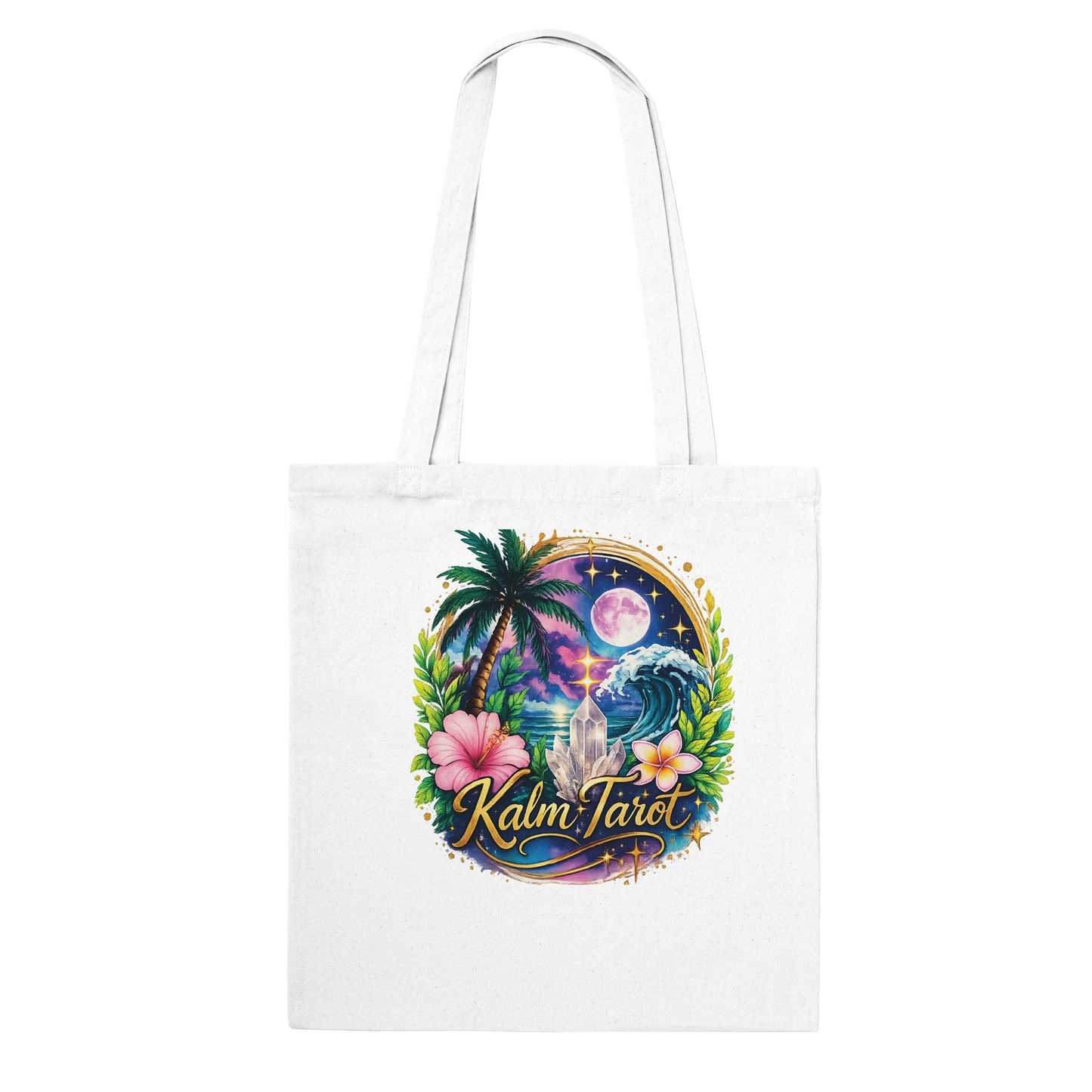 Kalm Tarot white cotton tote bag with tropical graphic featuring a moon, palm tree, and reinforced handles.