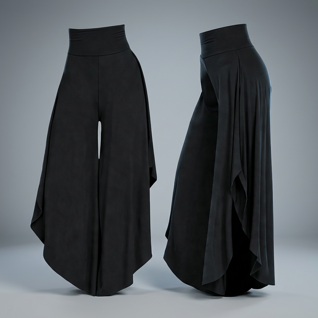Front and side views of the Kalm Tarot Flow Pants, black high-waisted wide-leg boho beach pants with flowing drape.