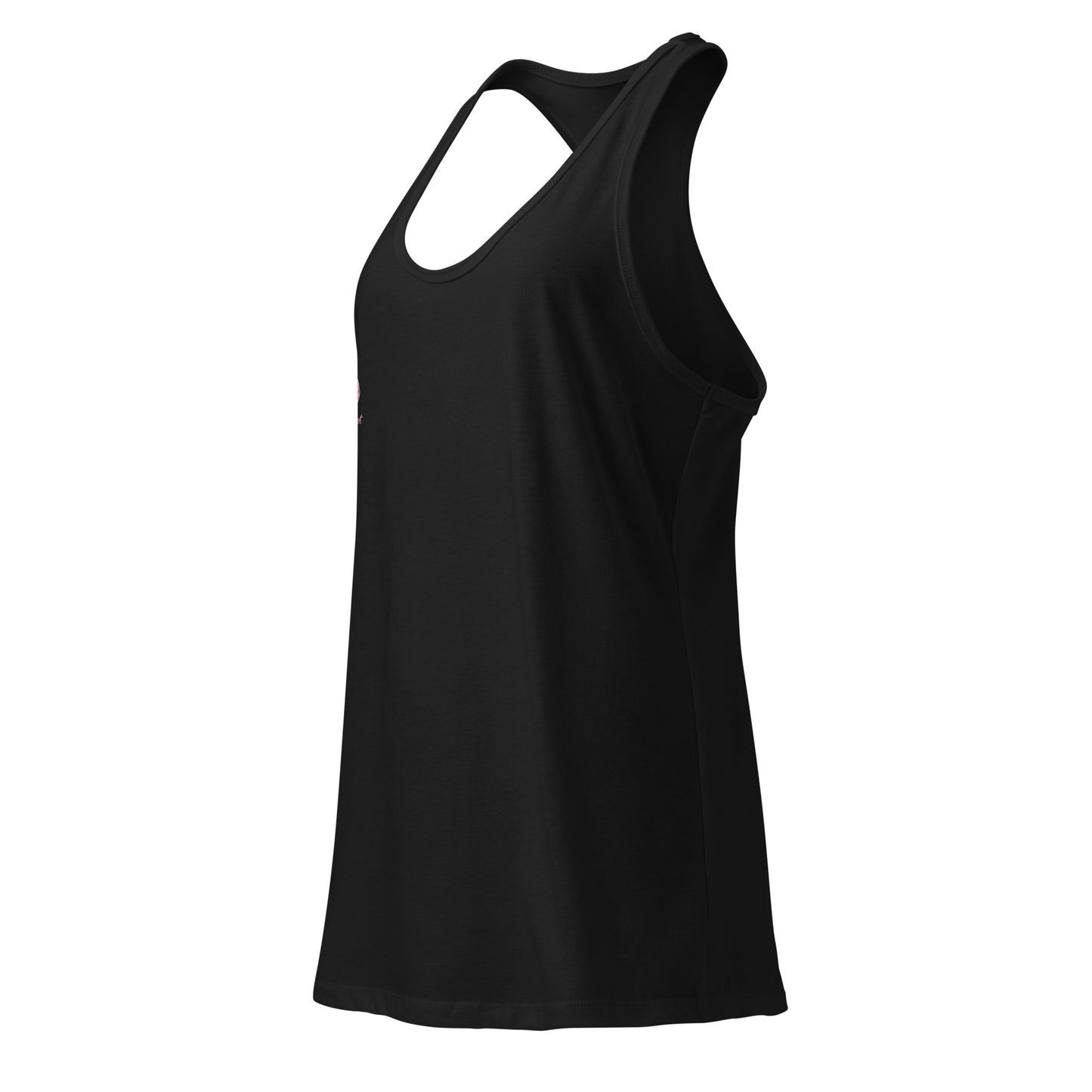 Side view of Kalm Tarot black fitted racerback tank top, featuring soft combed cotton jersey and matching seams.