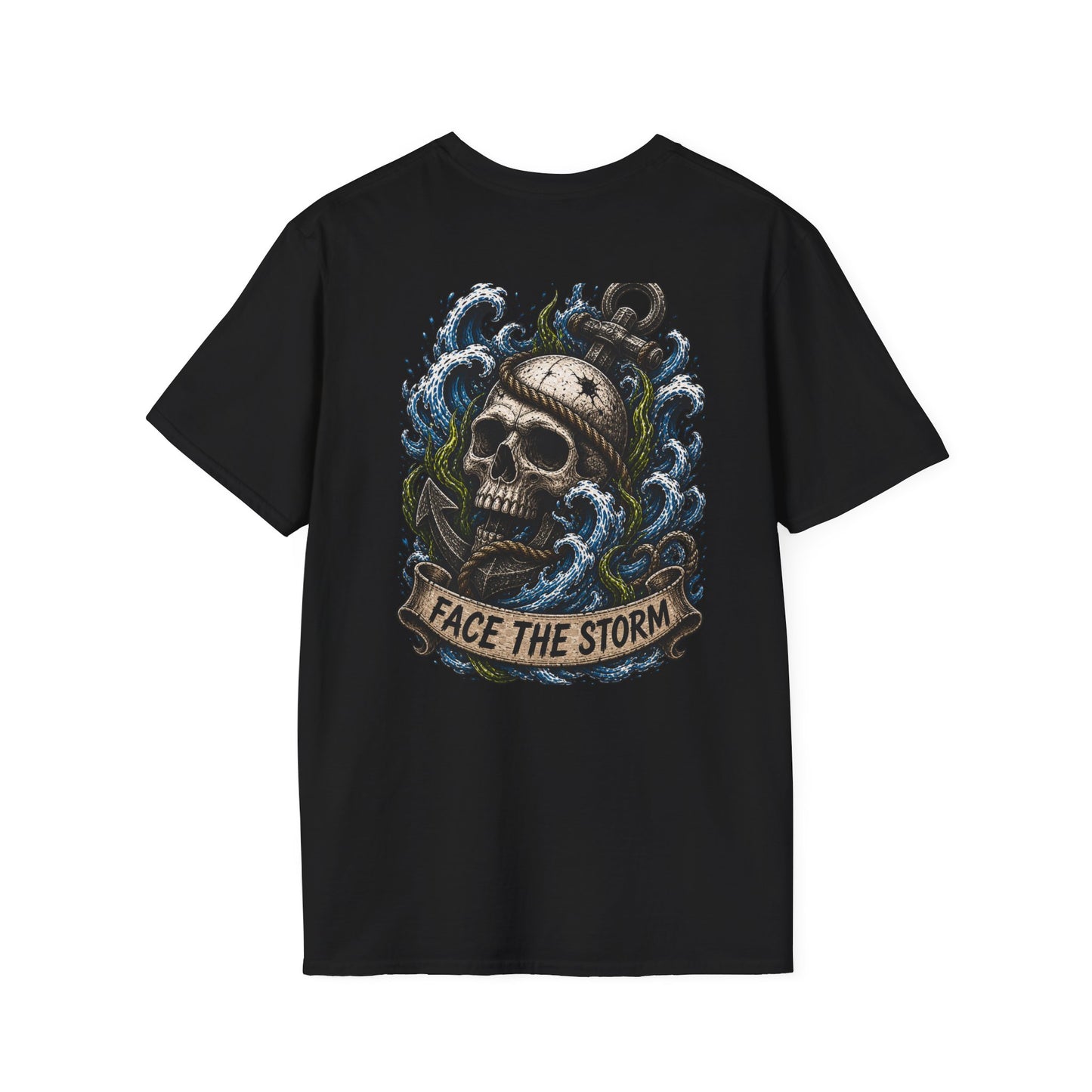 Back of a black cotton t-shirt with a vintage nautical skull and anchor tattoo design and 'Face The Storm' banner.