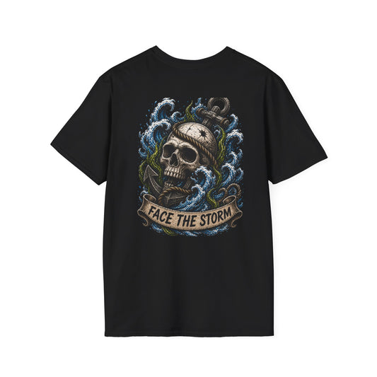 Back of a black cotton t-shirt with a vintage nautical skull and anchor tattoo design and 'Face The Storm' banner.