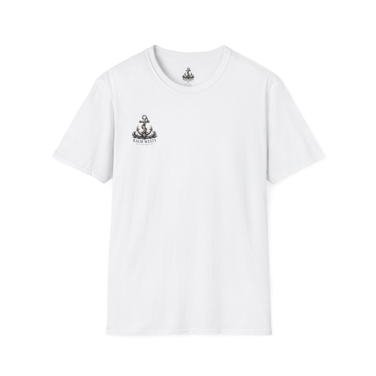 White unisex cotton tee with a small Kalm Westy anchor graphic on the chest, a nautical anchor design for ocean lovers.