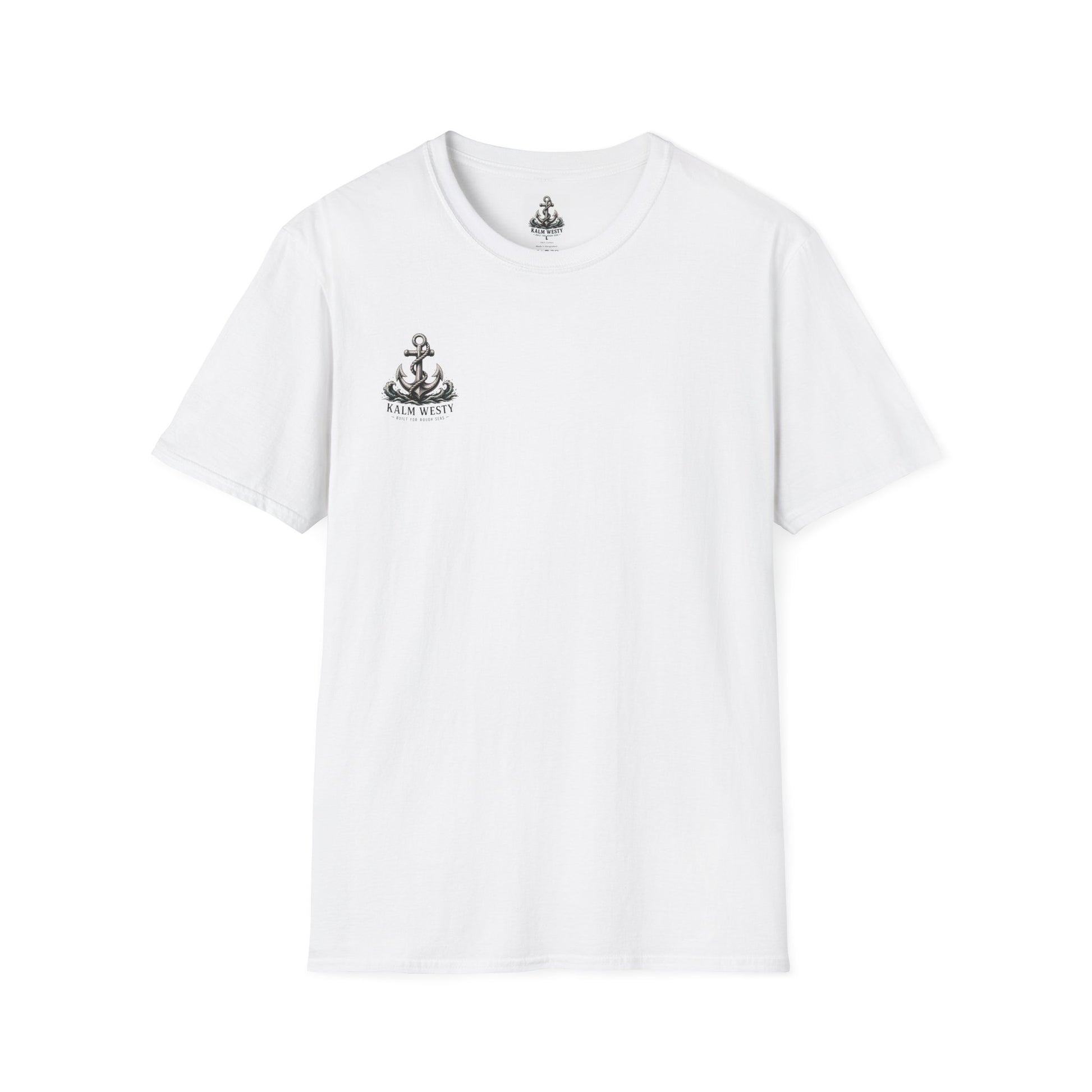 White unisex cotton tee with a small Kalm Westy anchor graphic on the chest, a nautical anchor design for ocean lovers.