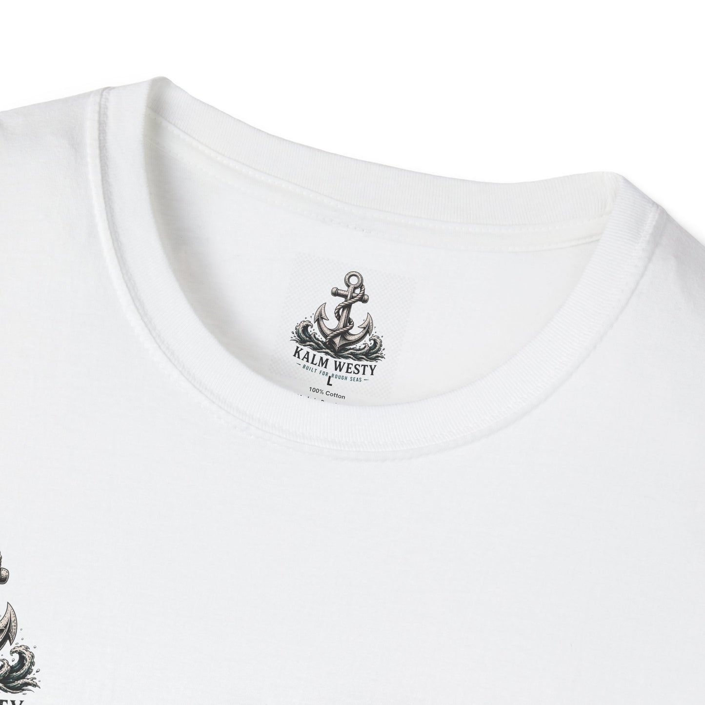 Close-up of a white 100% cotton crew-neck t-shirt featuring a nautical anchor inner-neck label and Kalm Westy branding.