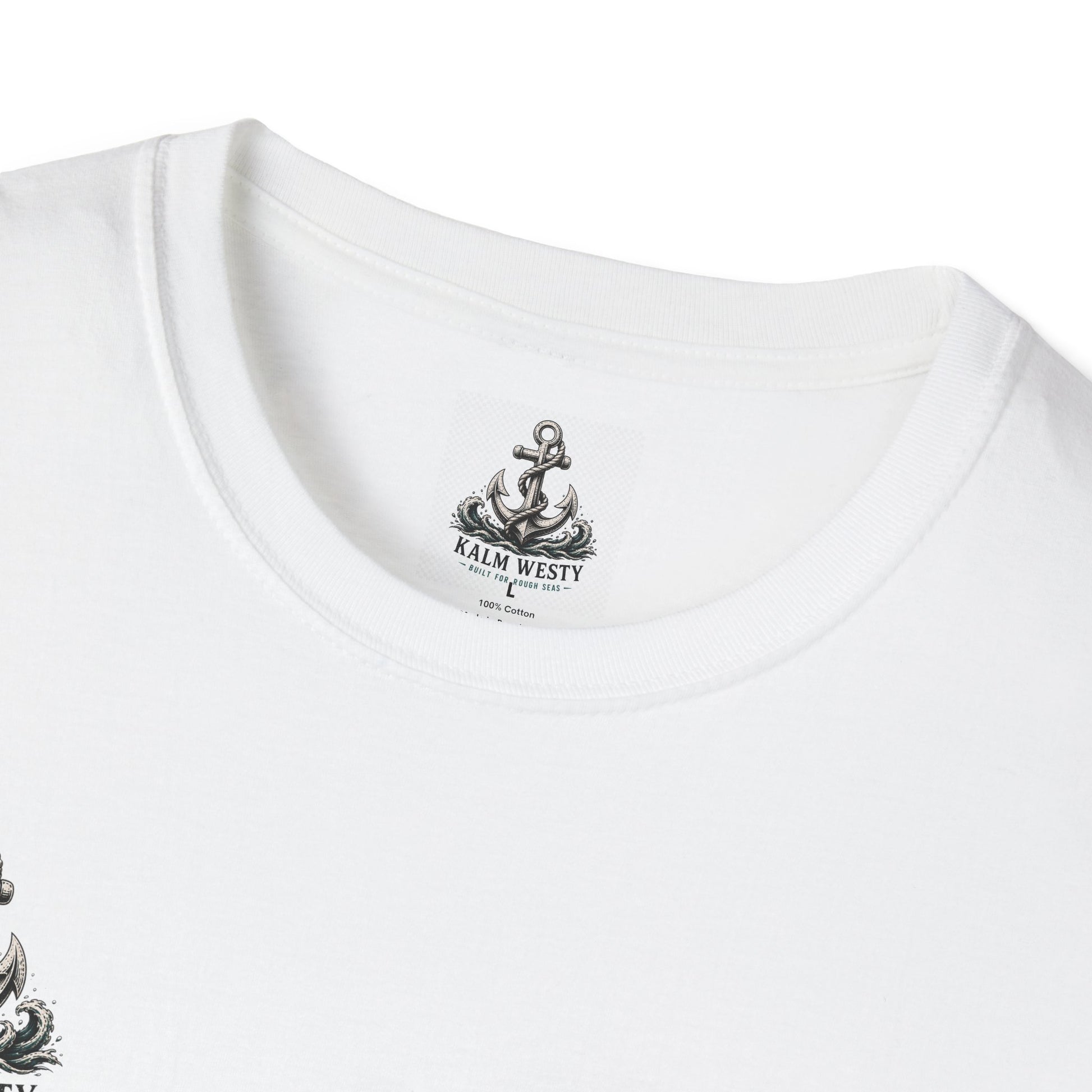 Close-up of a white 100% cotton crew-neck t-shirt featuring a nautical anchor inner-neck label and Kalm Westy branding.