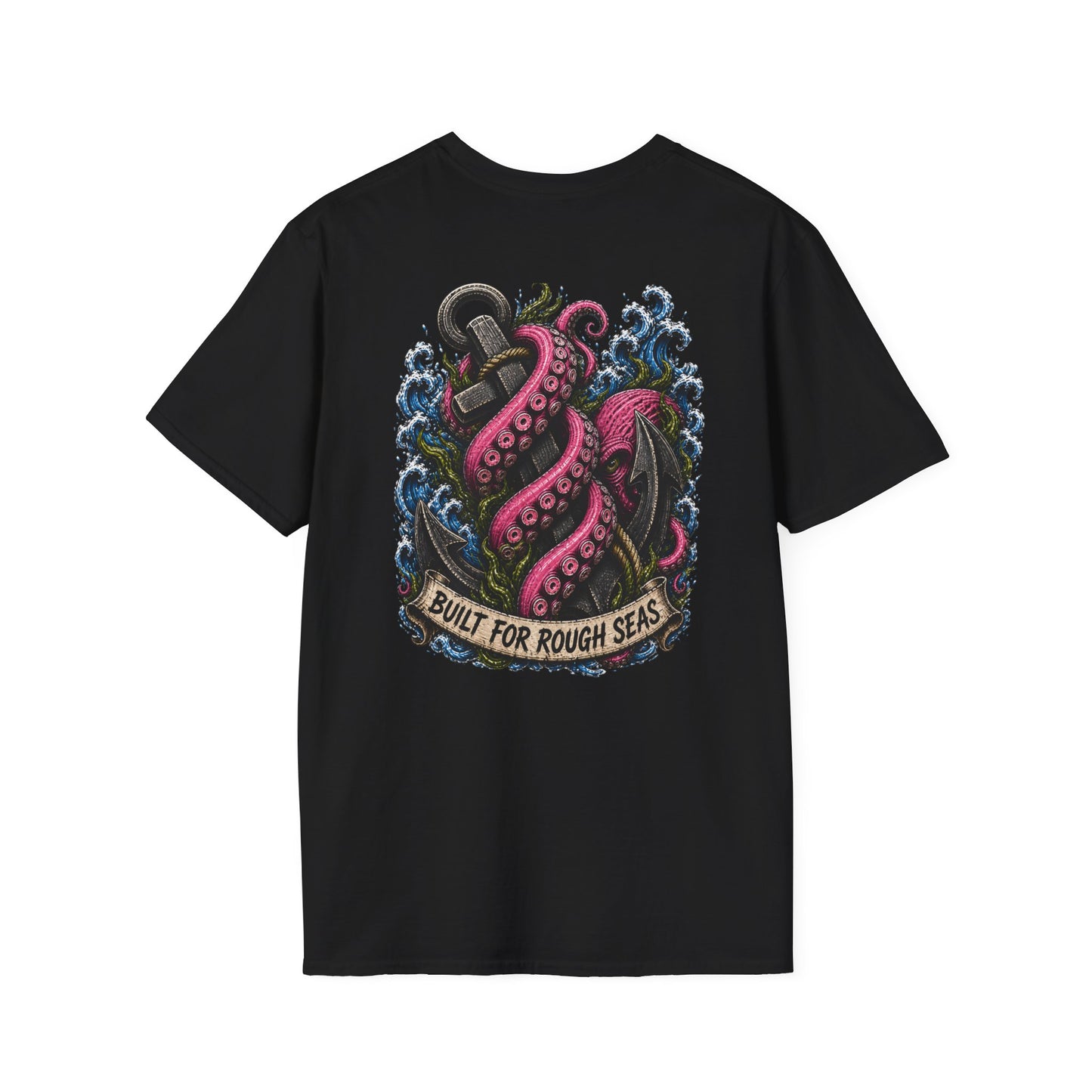 Black Kraken Anchor Graphic T-Shirt for men, featuring pink kraken tentacles wrapping around an anchor in rough blue waves with a banner that reads "Built for Rough Seas".