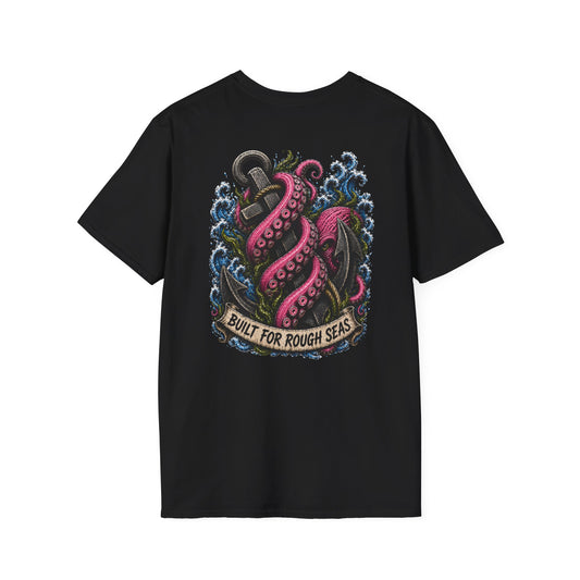 Black Kraken Anchor Graphic T-Shirt for men, featuring pink kraken tentacles wrapping around an anchor in rough blue waves with a banner that reads "Built for Rough Seas".