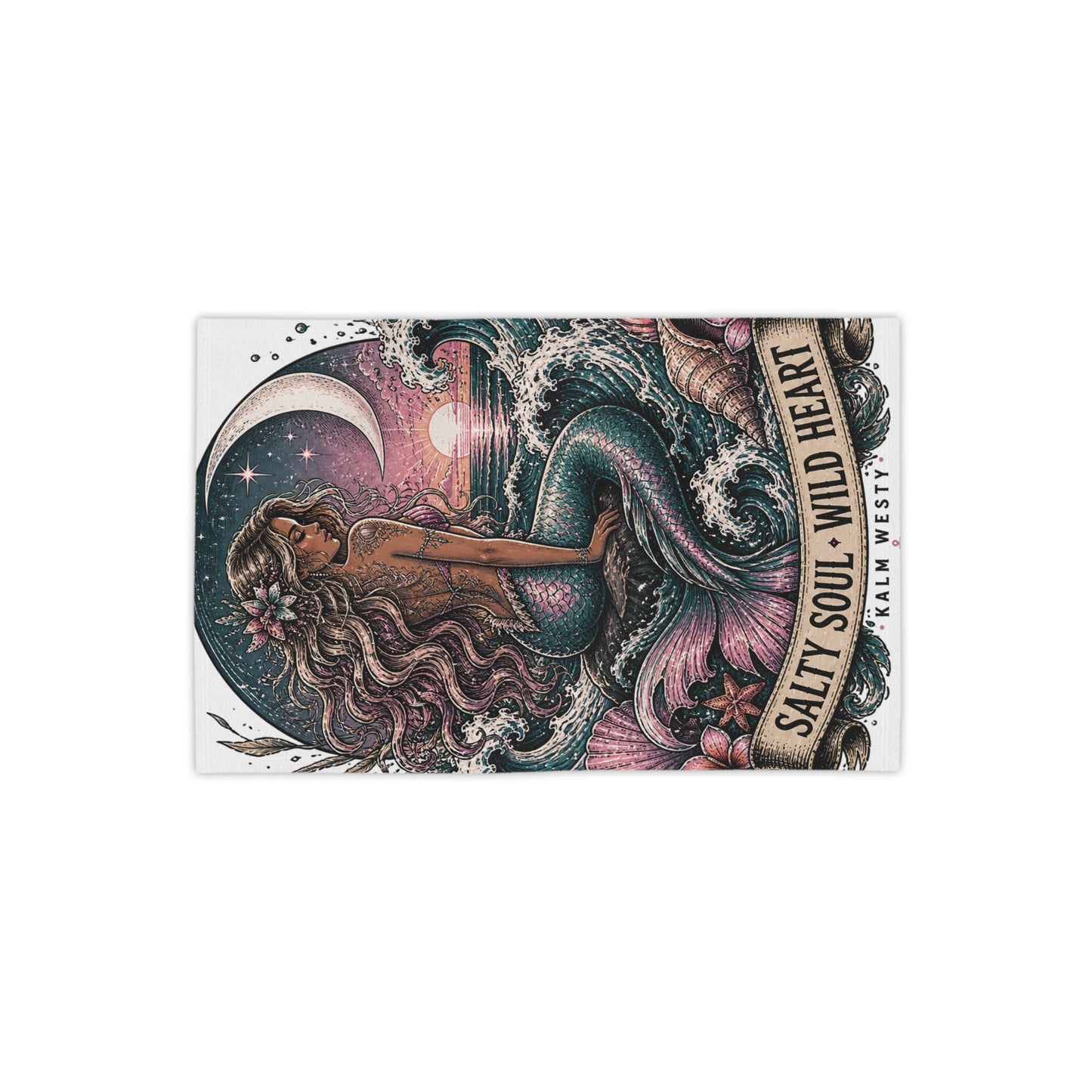 Vintage mermaid beach towel with Salty Soul Wild Heart text, ocean waves, moon, and sunset illustration.