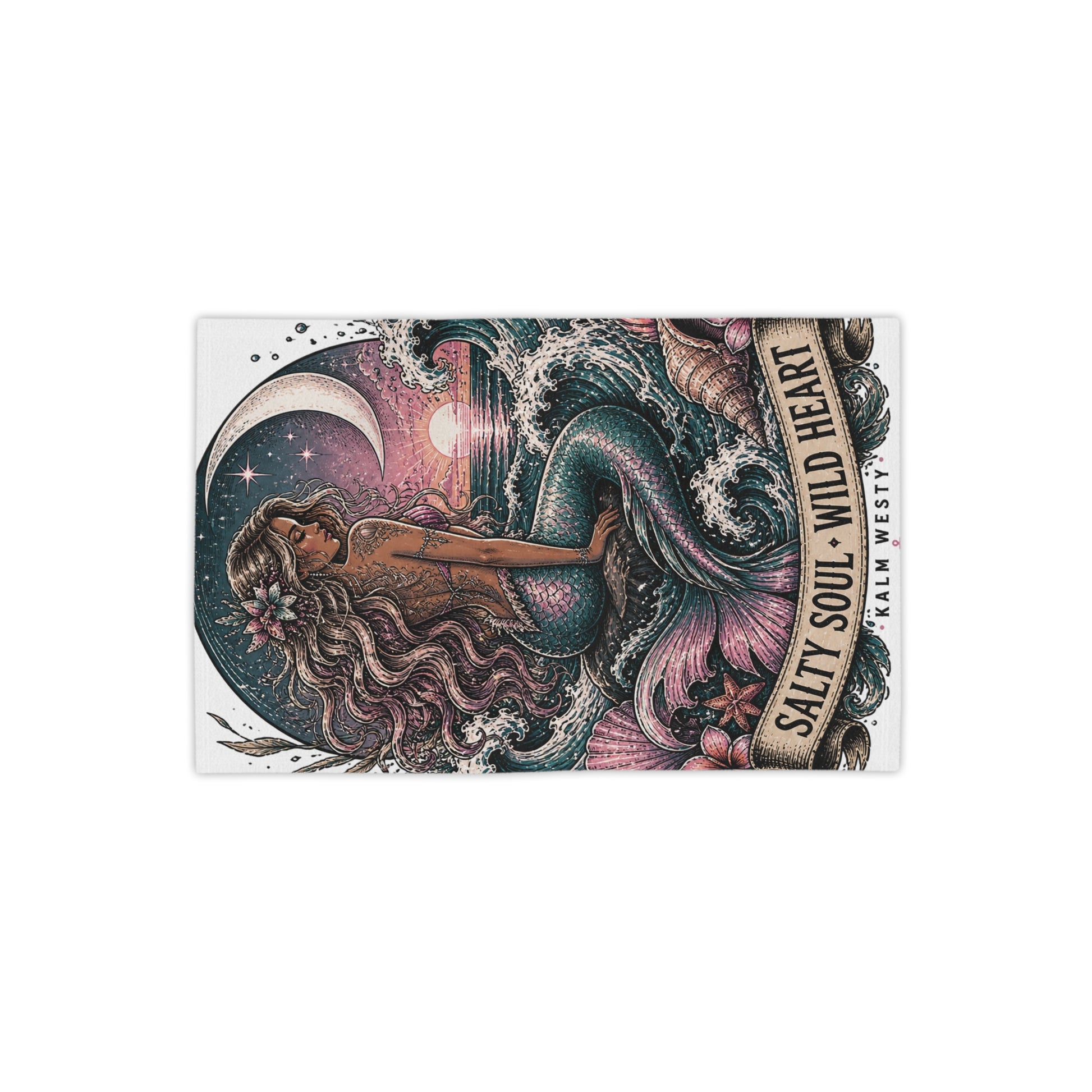 Vintage mermaid beach towel with Salty Soul Wild Heart text, ocean waves, moon, and sunset illustration.