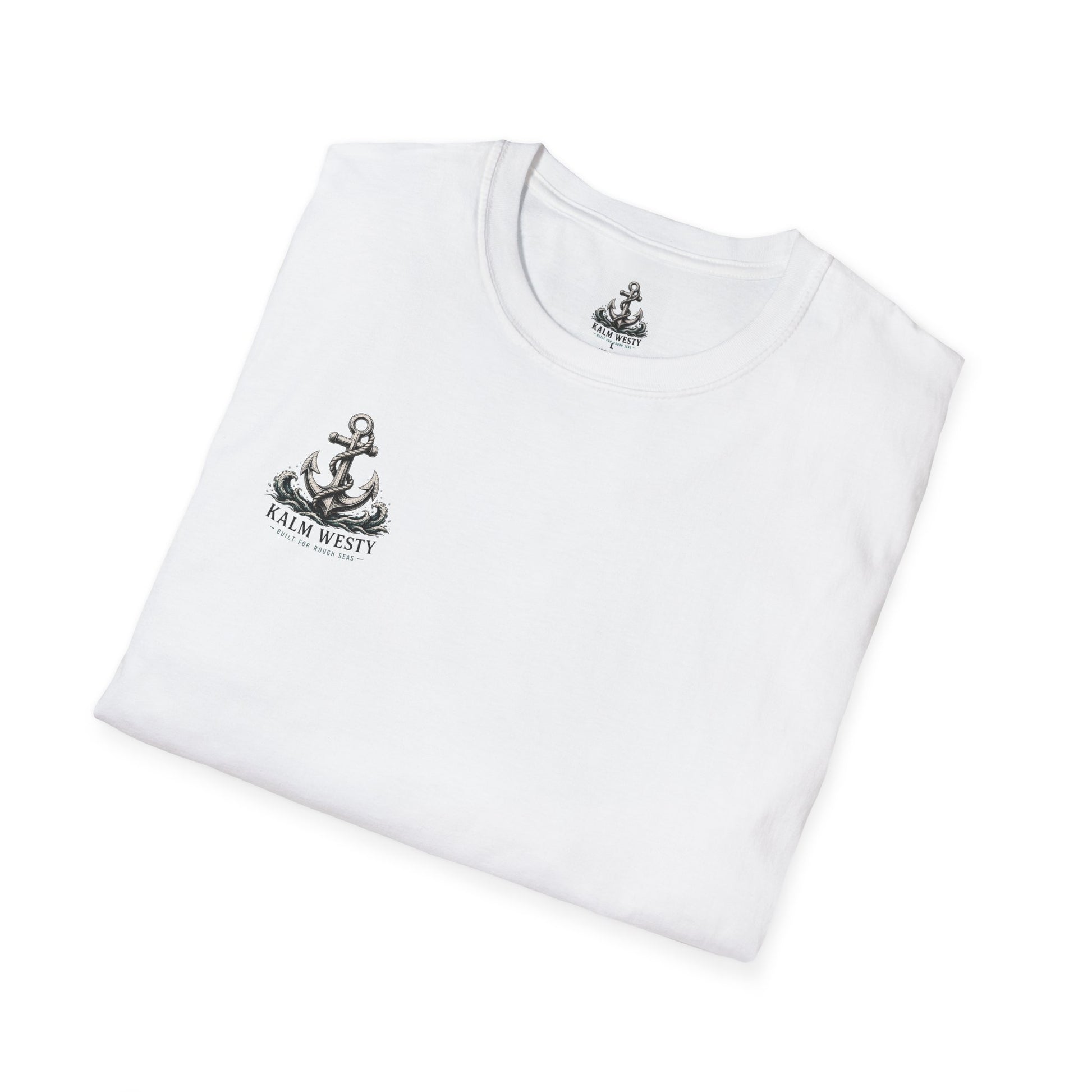 Folded white nautical graphic tee with a small black anchor chest logo and Kalm Westy branding on a white background.