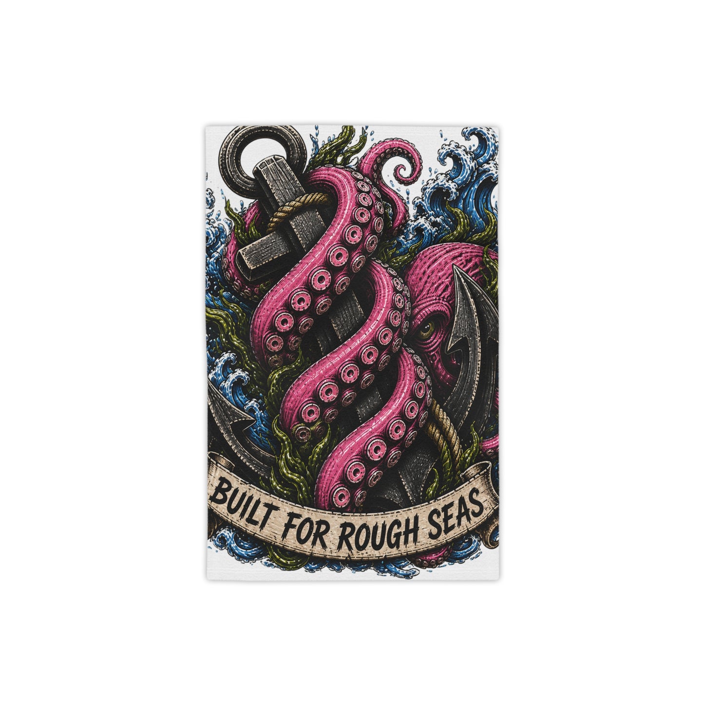 Kraken anchor nautical beach towel with fuchsia octopus tentacles and waves, featuring Built for Rough Seas text.