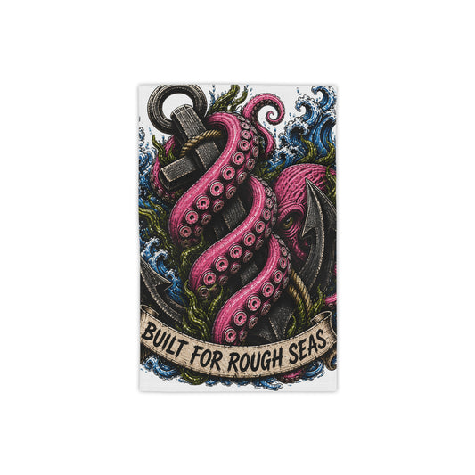 Kraken anchor nautical beach towel with fuchsia octopus tentacles and waves, featuring Built for Rough Seas text.