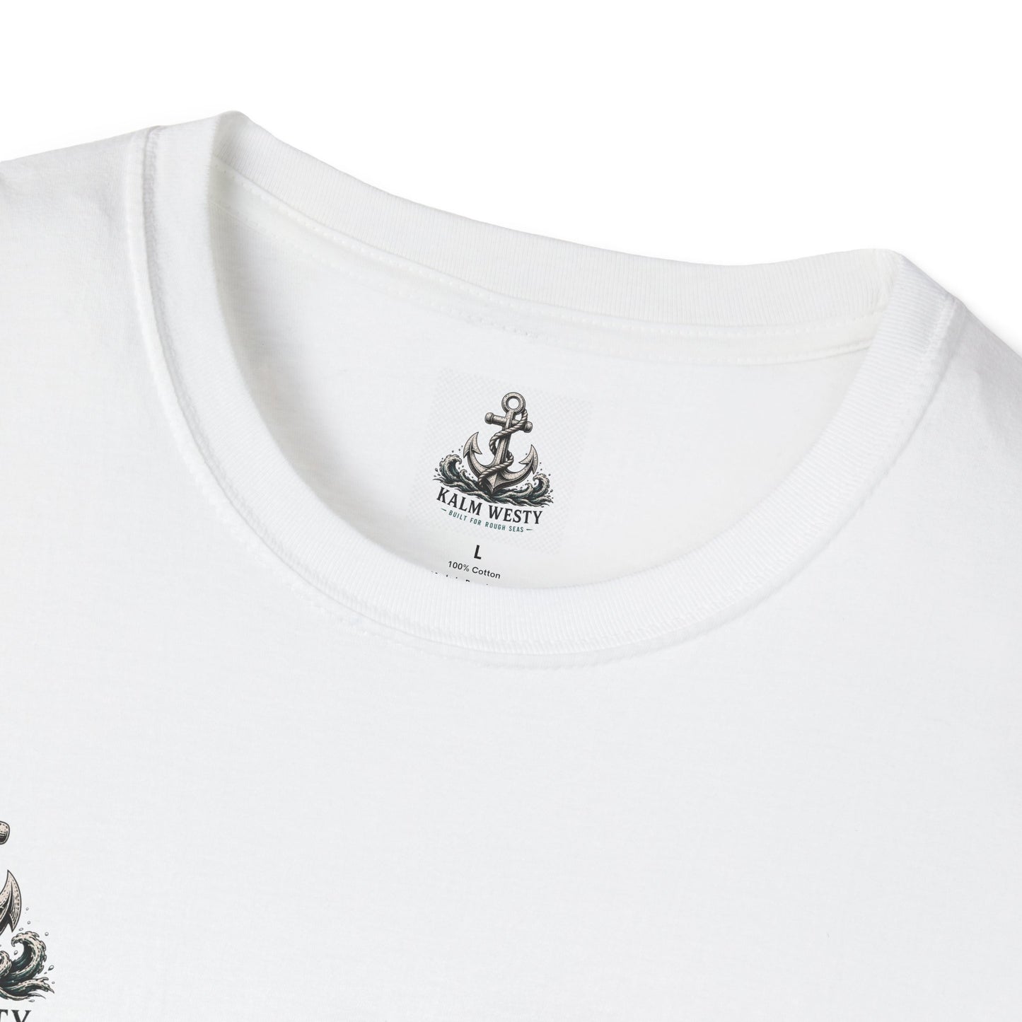 Close-up of a white nautical t-shirt's interior tag showing an anchor logo, "KALM WESTY," size "L," and "100% Cotton."
