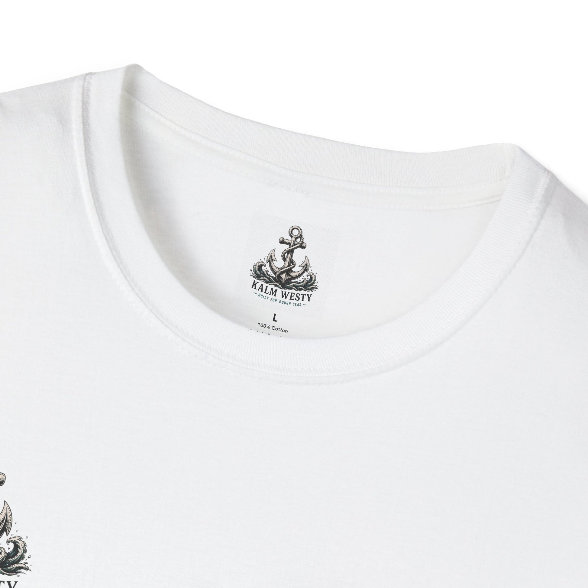 Close-up of a white nautical t-shirt's interior tag showing an anchor logo, "KALM WESTY," size "L," and "100% Cotton."