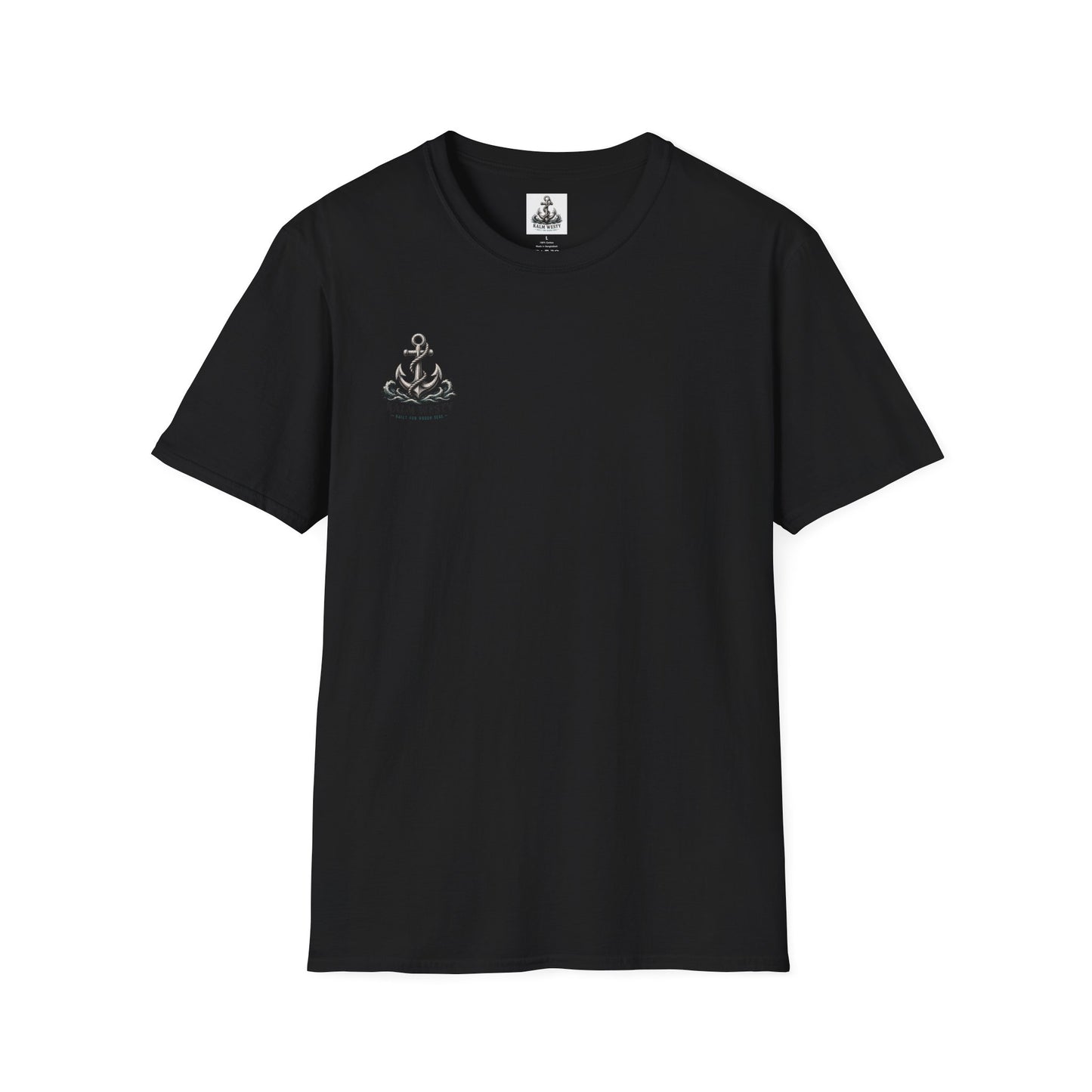 Front view of a black nautical cotton t-shirt featuring a small tattoo-style anchor chest emblem on a white background.