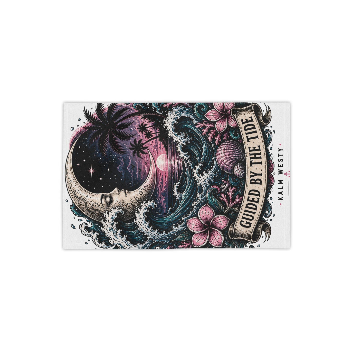 Beach towel with 'Guided by the Tide' moon and waves design, featuring tropical palms, sunset, and hibiscus flowers.