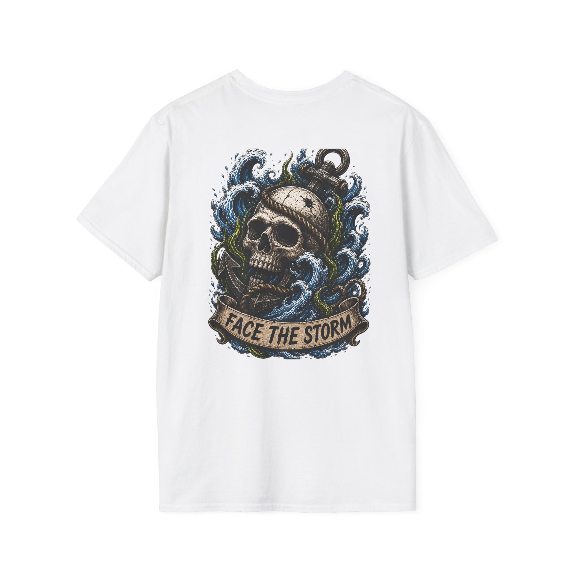 Back of white Face The Storm t-shirt featuring a tattoo-style skull, anchor, and ocean waves nautical graphic.
