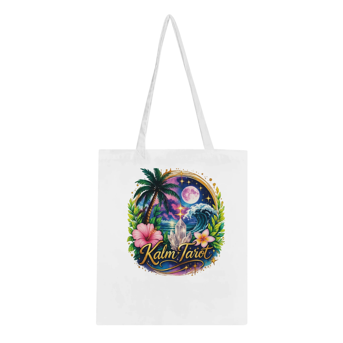 Classic White Cotton Tote Bag with Kalm Tarot tropical graphic, reinforced handles, and eco-friendly reusable shopper design.