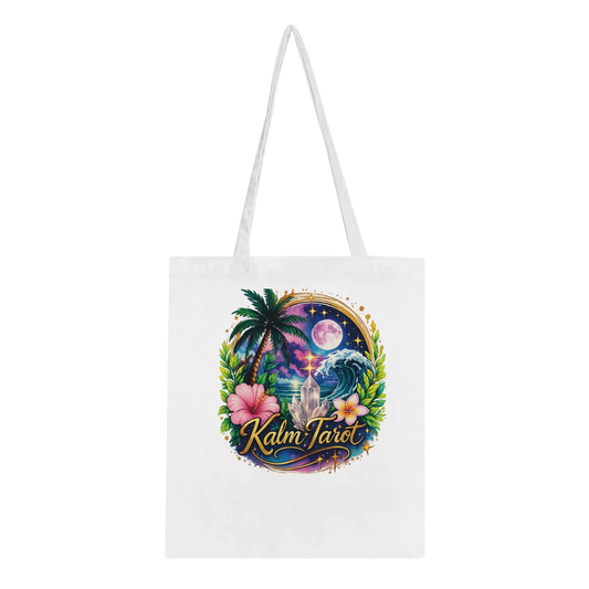 Classic White Cotton Tote Bag with Kalm Tarot tropical graphic, reinforced handles, and eco-friendly reusable shopper design.
