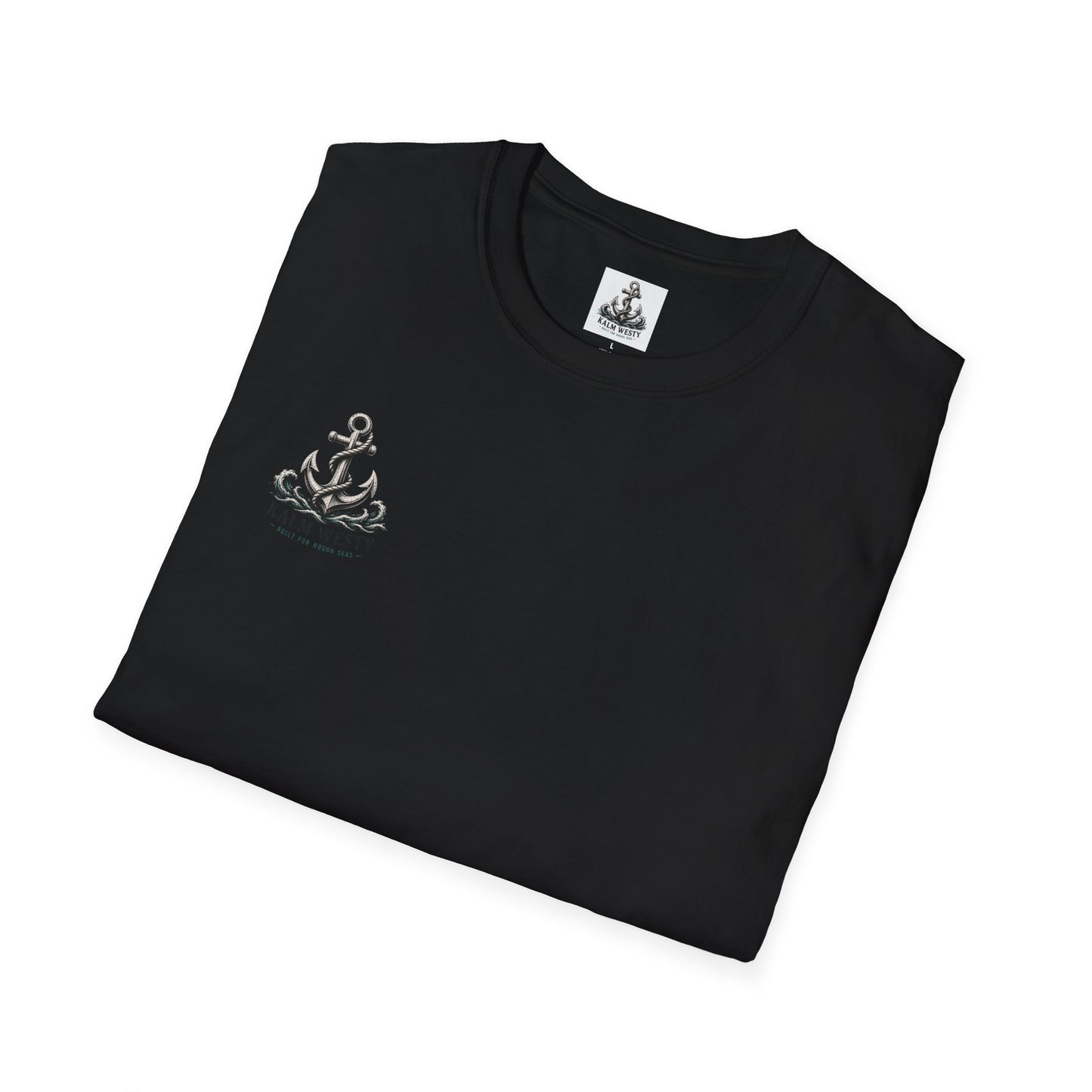 Folded black cotton T-shirt featuring a small tattoo-style anchor and waves graphic on the chest.