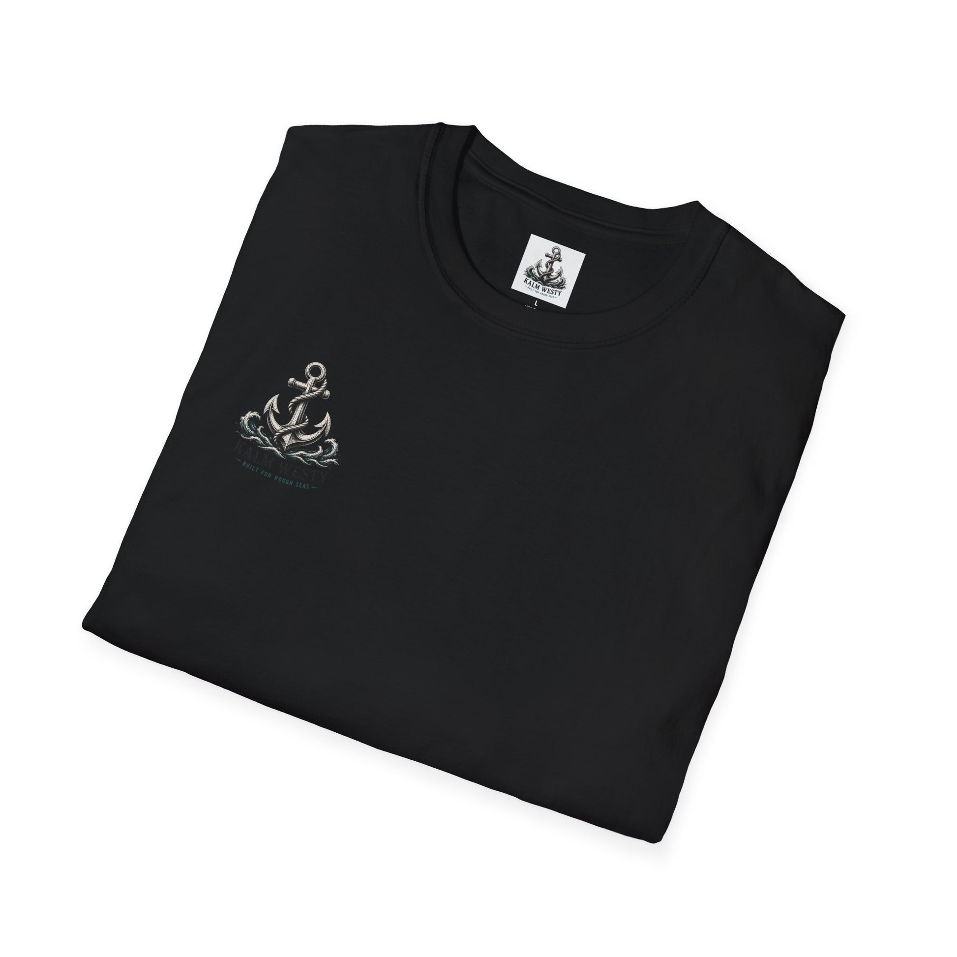 Folded black cotton T-shirt featuring a small tattoo-style anchor and waves graphic on the chest.