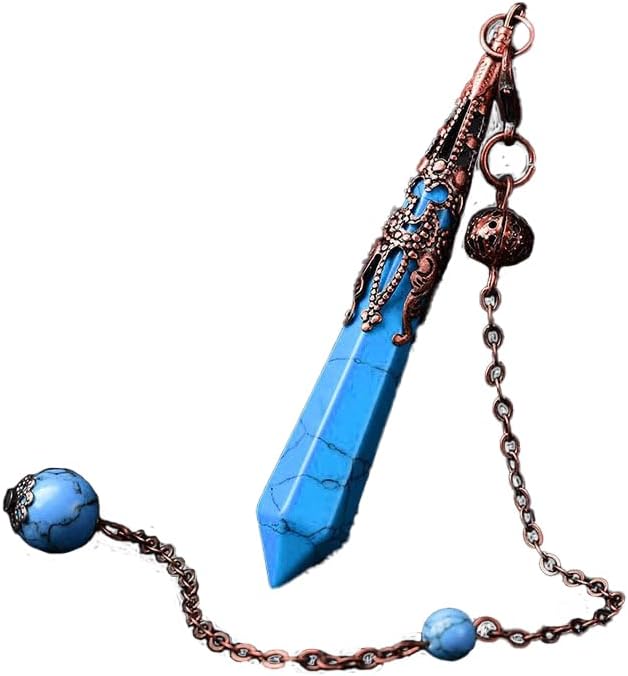 Blue turquoise crystal pendulum necklace with a vintage copper filigree frame and matching beaded dowsing chain.