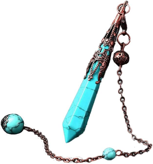 Turquoise crystal pendulum necklace with a vintage copper metal frame and dowsing chain for healing and meditation.