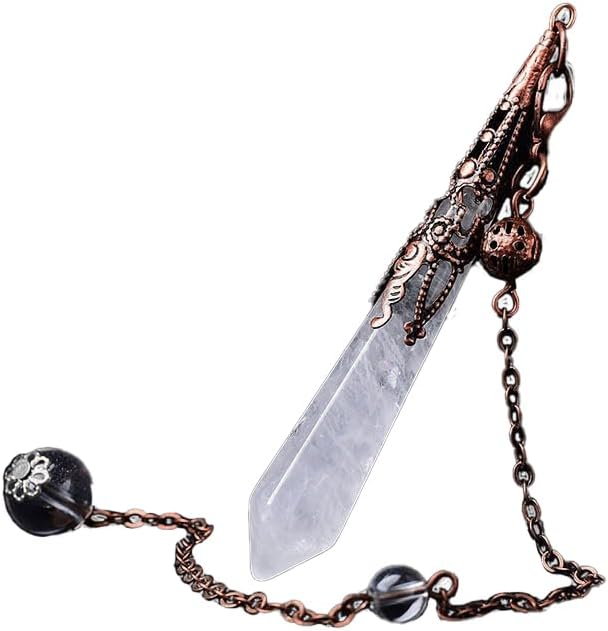 Handmade clear crystal pendulum necklace with a vintage-style copper metal frame on a dainty chain.