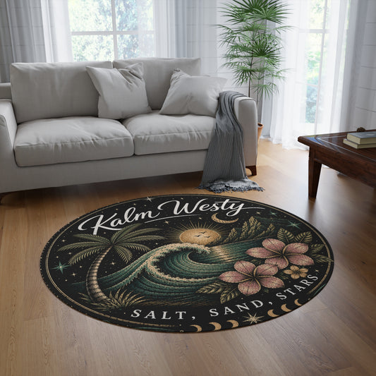 Kalm Westy Round Rug – Tropical Beach Waves Sunset Decor (Salt, Sand, Stars)