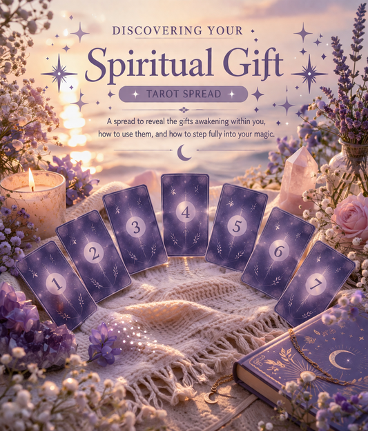 7-card Spiritual Gift Tarot Reading spread on a beach with crystals, candles, and flowers at sunset.