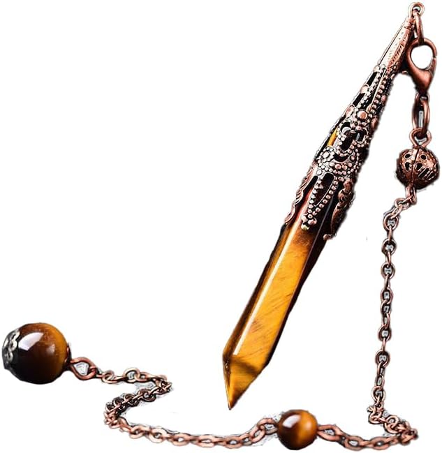 Tiger's Eye crystal pendulum necklace with a vintage copper-tone metal frame on a dainty chain.