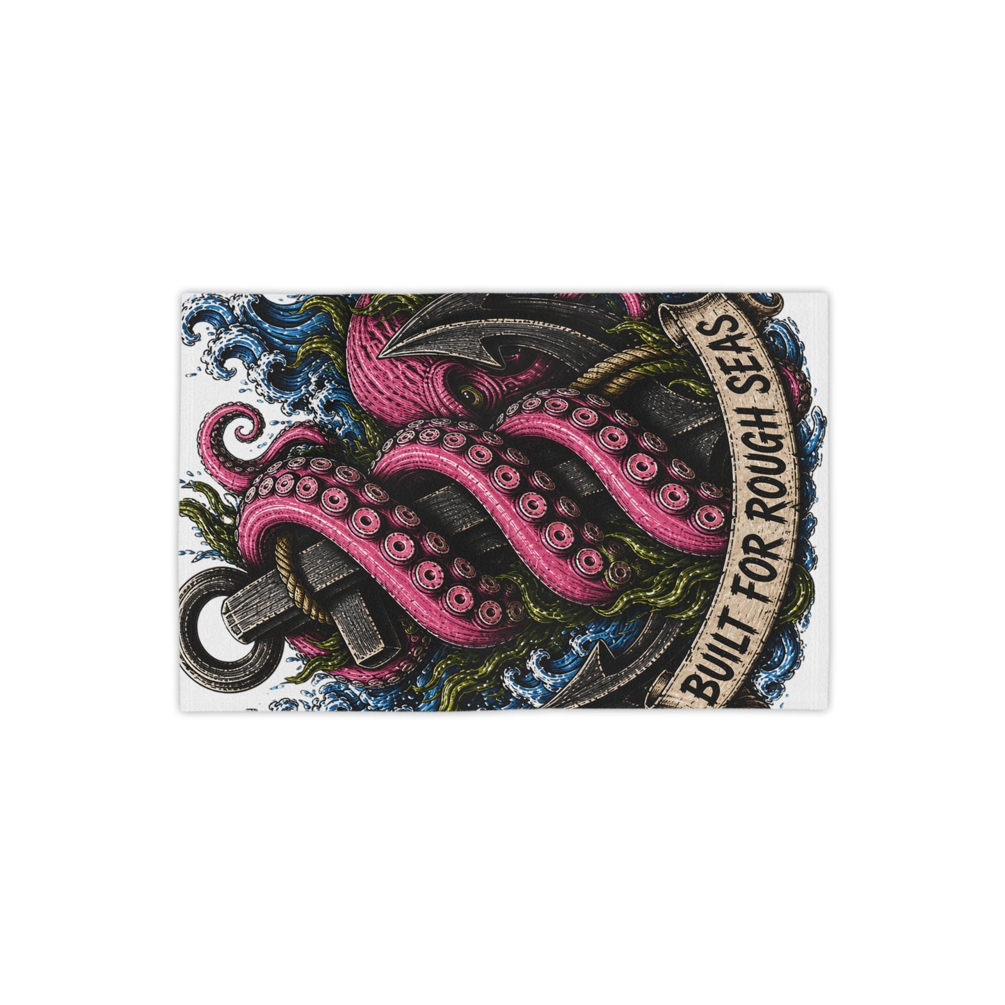 Nautical beach towel featuring a kraken octopus entwined around a ship anchor with 'Built for Rough Seas' text.