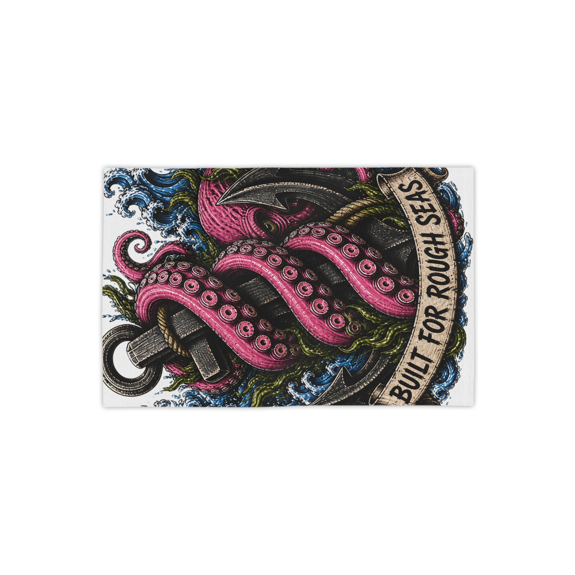 Nautical beach towel featuring a kraken octopus entwined around a ship anchor with 'Built for Rough Seas' text.