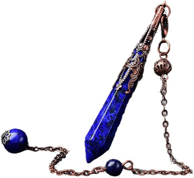 Blue crystal pendulum necklace with hexagonal gemstone and ornate copper-toned filigree cap on a matching link chain.