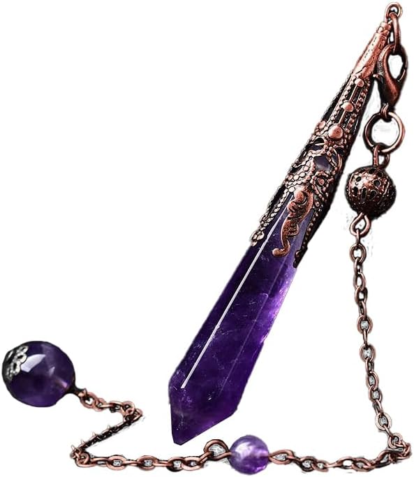 Amethyst crystal pendulum necklace with a vintage copper frame and dowsing chain for spiritual aura balancing.