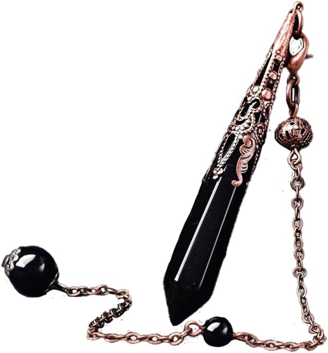 Black obsidian crystal pendulum necklace with vintage copper filigree frame and chain on a white background.