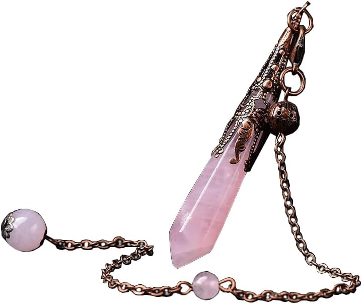 Rose quartz crystal pendulum necklace with a vintage copper metal frame and dowsing chain on a white background.
