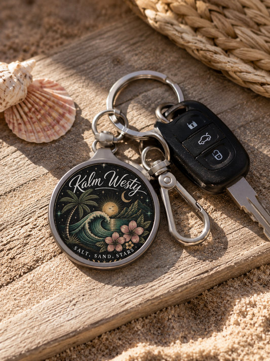 Kalm Westy Round Keyring Tag — Surf Beach Design “Salt, Sand, Stars”