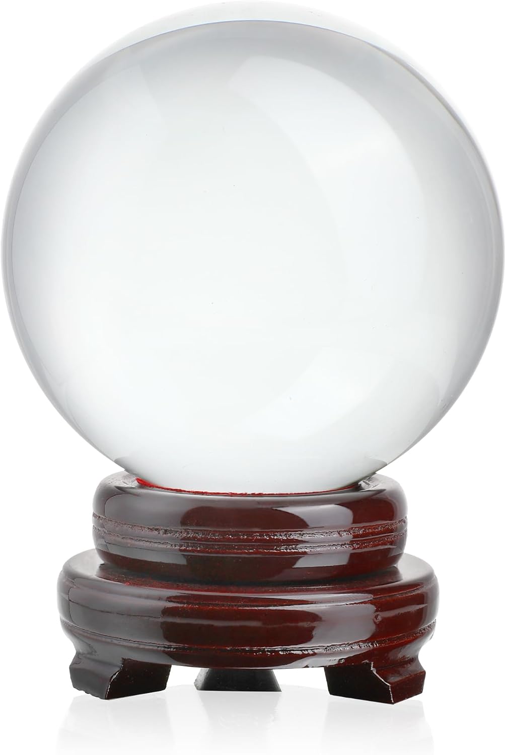 80mm clear K9 crystal ball for photography and divination, displayed on a polished dark wood stand on a white background.