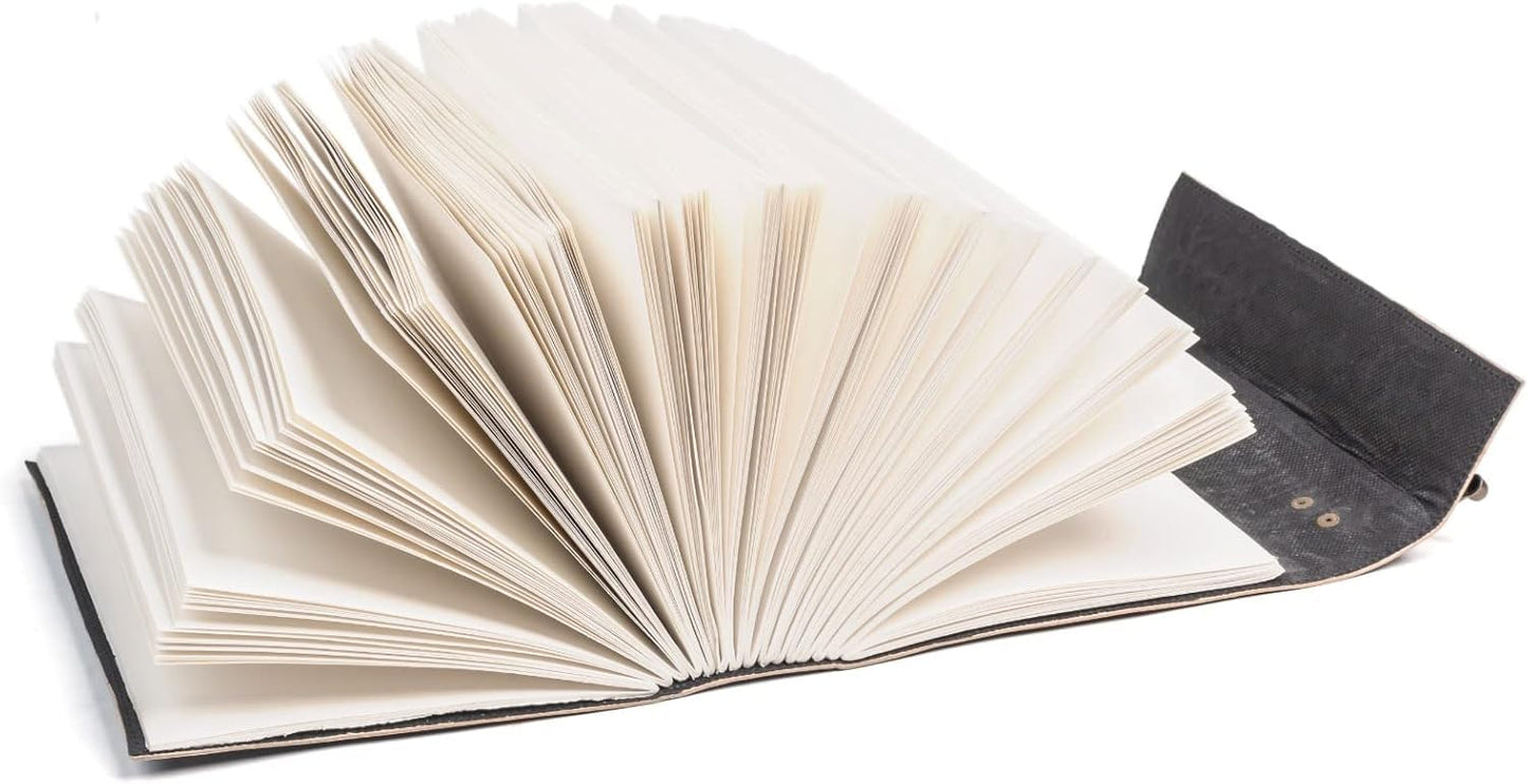 Fanned out blank white pages of a thick handmade brown leather journal showing the hand-stitched binding.