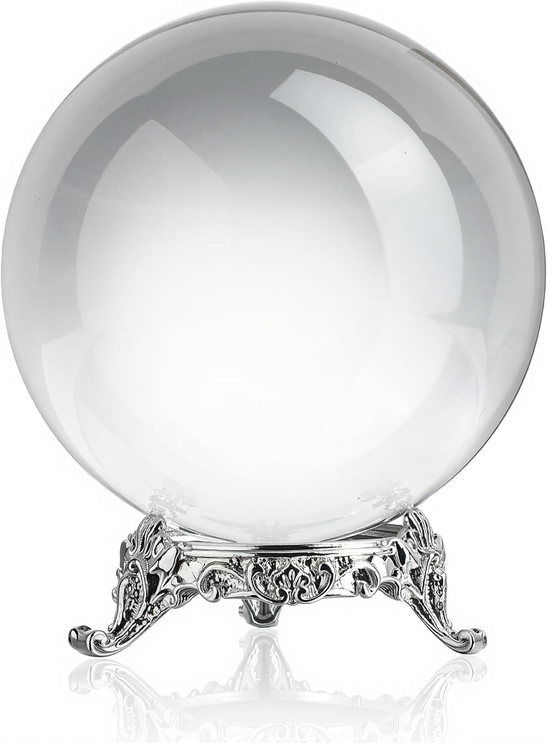 80mm clear K9 crystal ball for photography and divination, displayed on an ornate silver-finish stand.