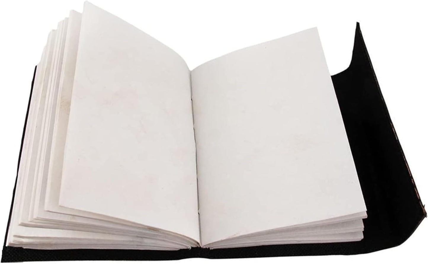 Open Jaald 25cm leather journal showing thick, blank handmade deckle edge paper pages and black cover.