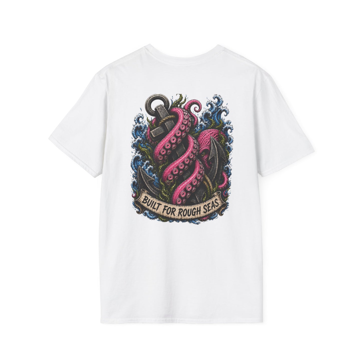 Back of a white cotton t-shirt featuring a pink kraken wrapped around an anchor with 'Built for Rough Seas' banner.