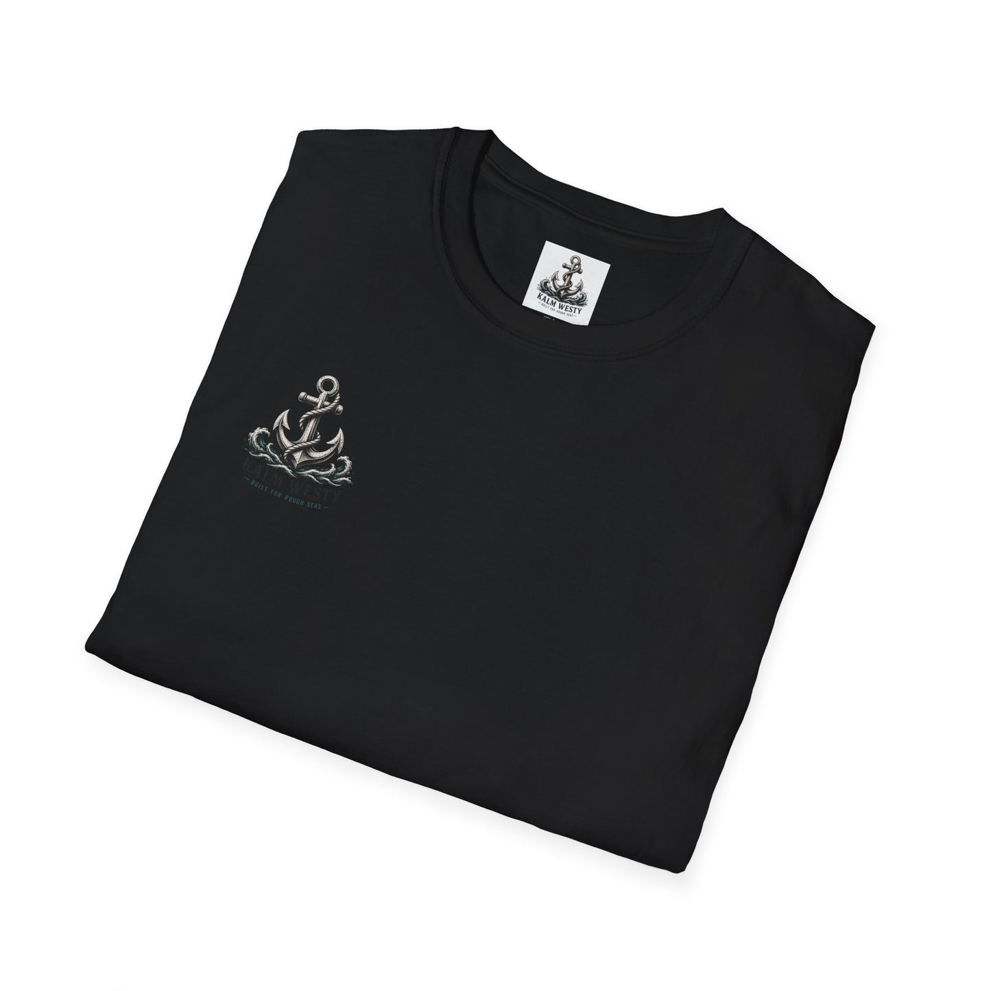 Folded black cotton tee with chest graphic of a nautical anchor and waves, titled Built for Rough Seas.