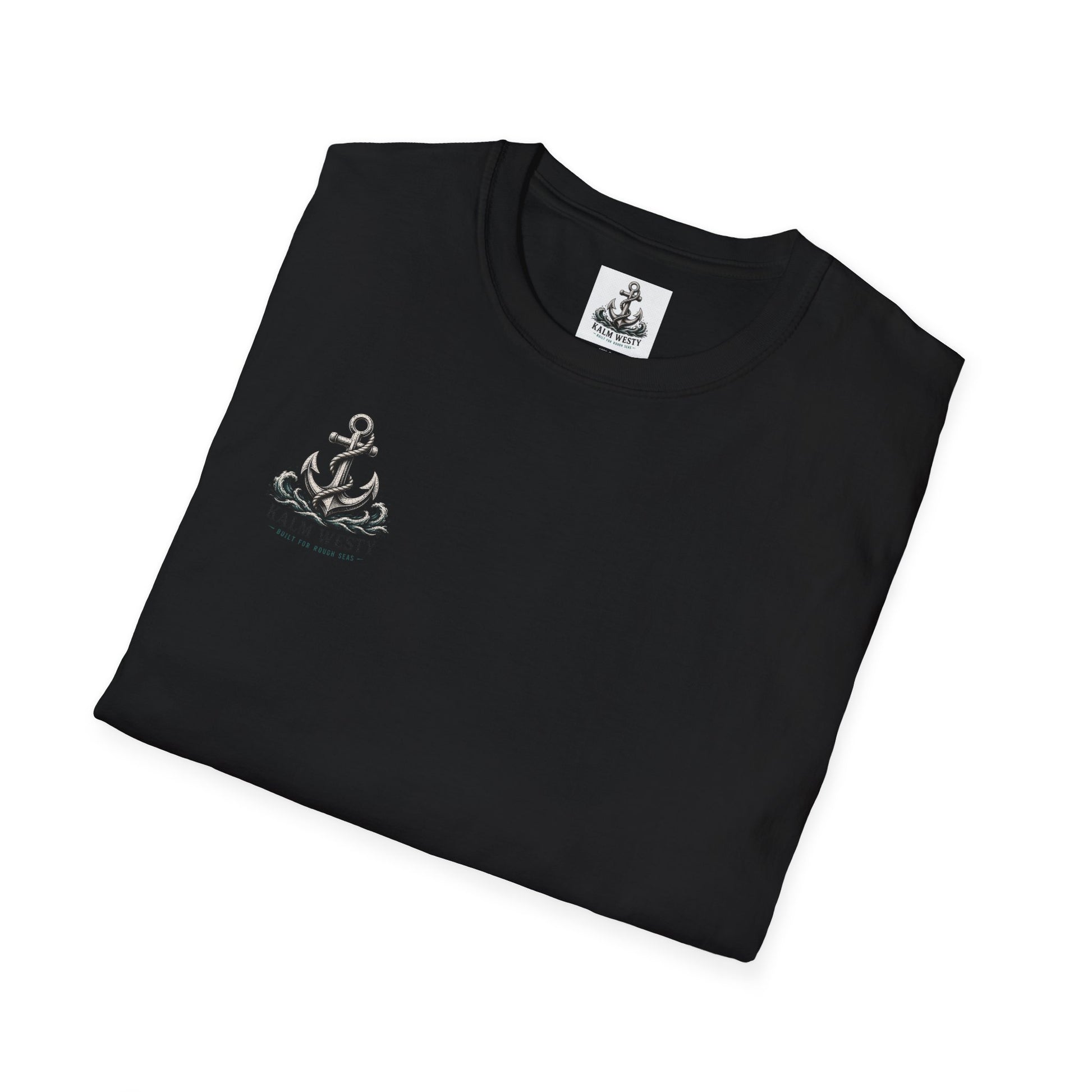 Folded black cotton tee with chest graphic of a nautical anchor and waves, titled Built for Rough Seas.